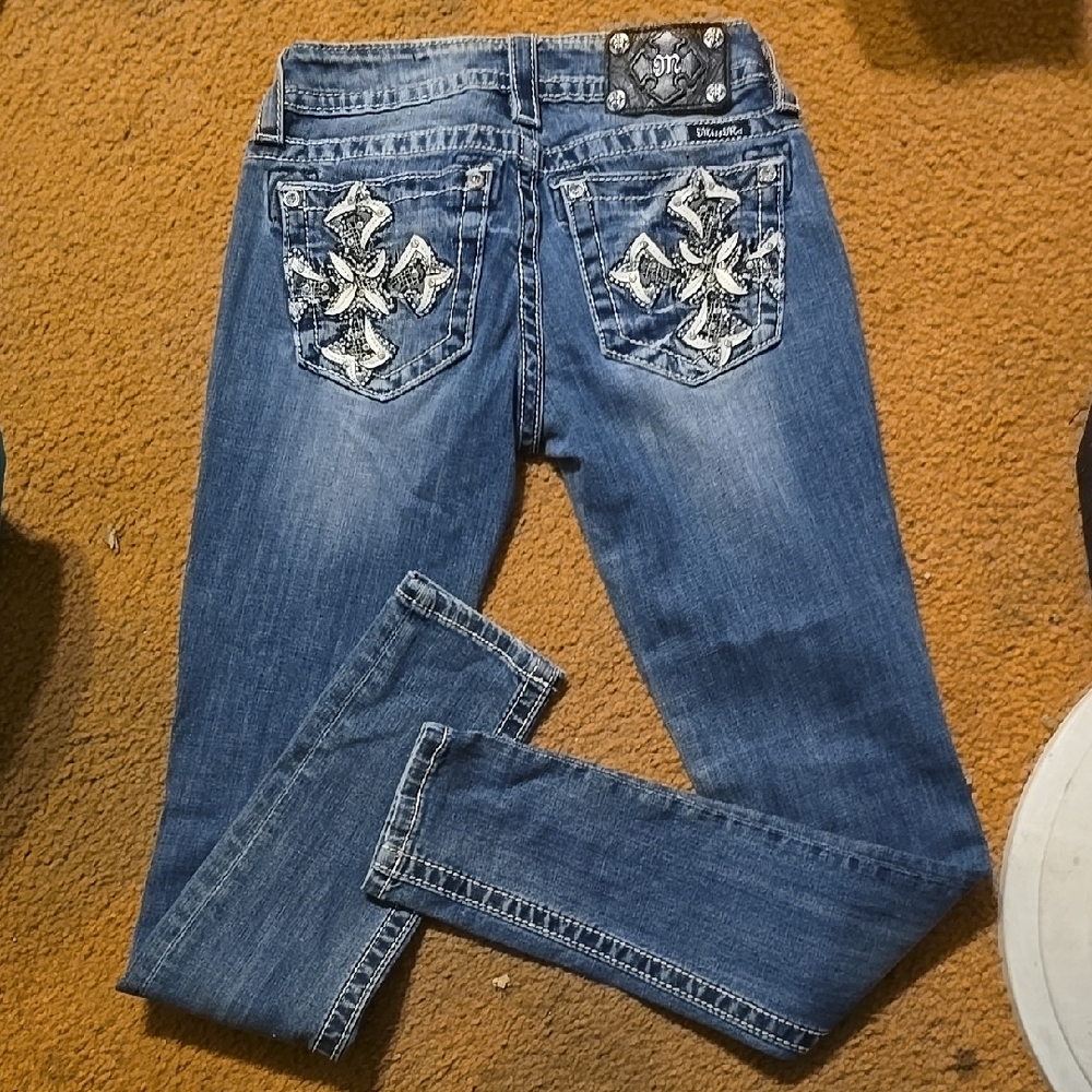 Signature Blue Skinny Jeans with Decorative Design
